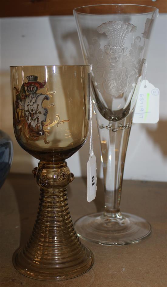 Balkan States conical glass goblet engraved coat of arms (1916-18 inscription to foot) & Continental brown glass roemer